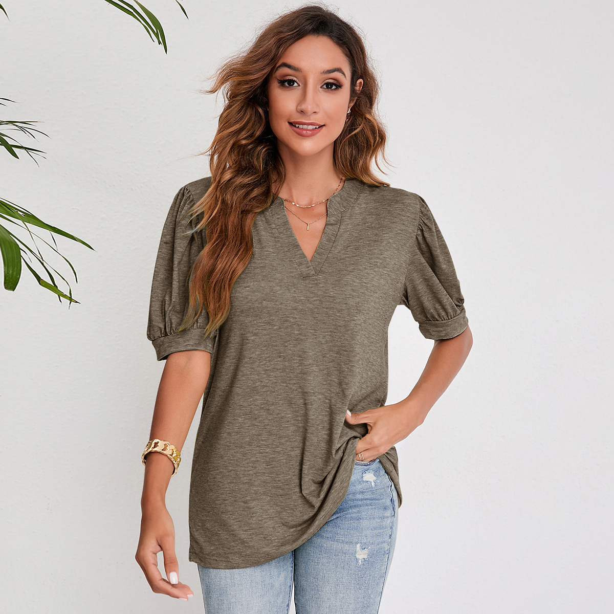 Women's Pleated Puff Sleeve Tops Summer V Neck T Shirts Casual Loose Blouses - Image 8