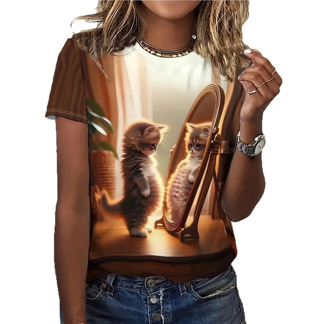 Digital-print Casual Short-sleeve Streetwear Womens Loose-fitting T-shirt - Image 5