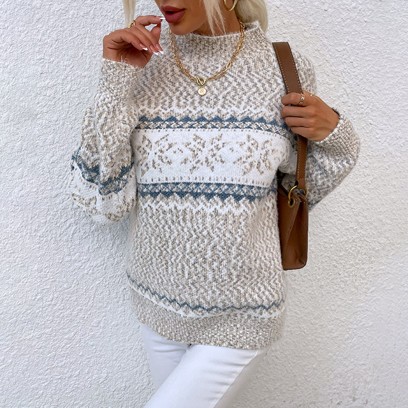 Winter Snowflake Sweater Fashion Half Turtleneck Pullover Knitted Tops Women's Christmas Clothing - Image 2