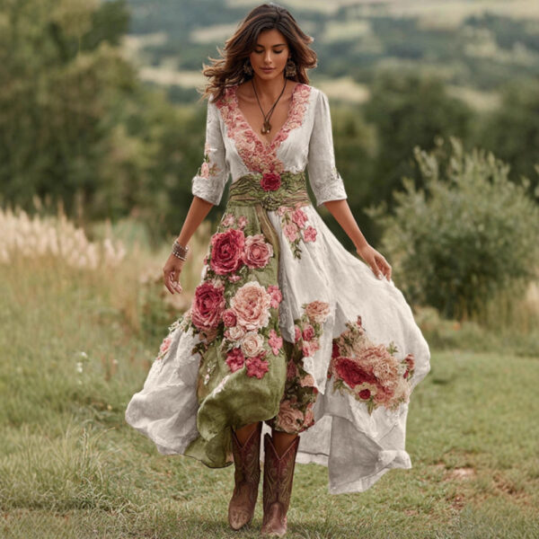 Womens Stylish And Elegant Floral Long-sleeve Dress