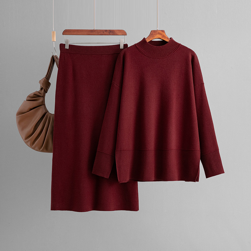 New FallWinter Solid-Color Turtleneck Sweater And Slit Bodycon Skirt Two-Piece Set - Image 4