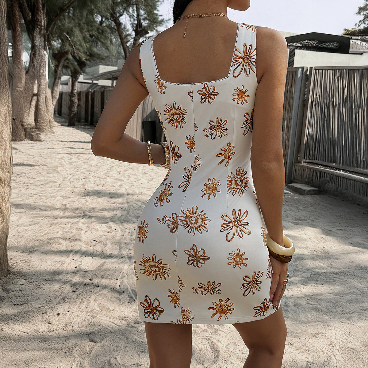 Womens Casual Printed Sleeveless Cropped Knitted Dress - Image 4