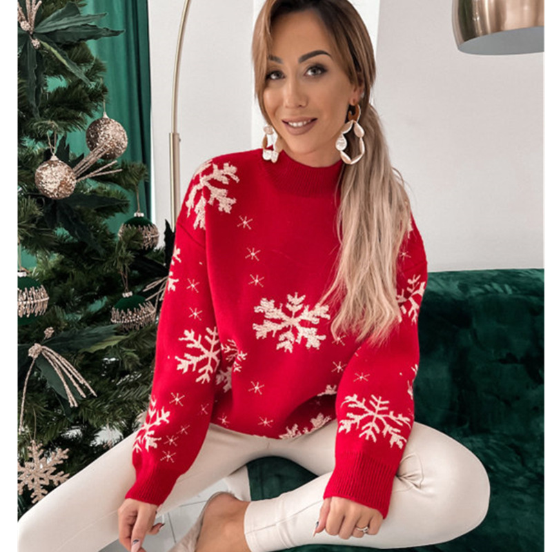 Fall Winter Women's Christmas Sweater Knitted Fluffy Loose Casual Christmas Snowflake Print Long Sleeves Pullovers Tops Streetwear - Image 2