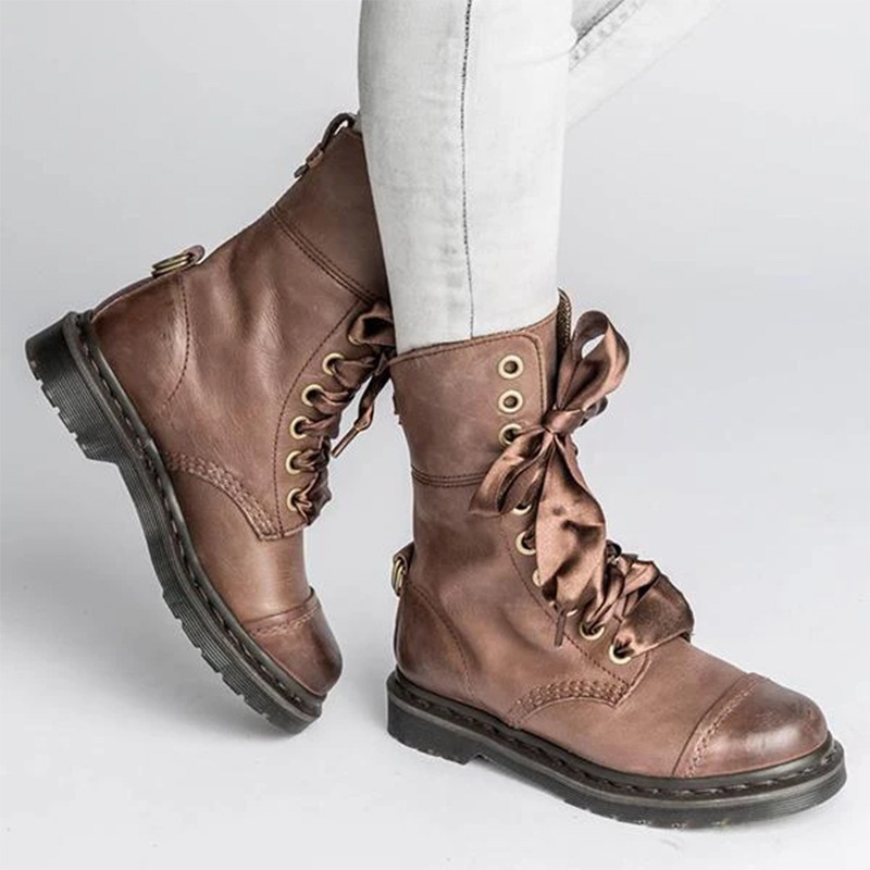 British-style Lace-up Round-toe Flat Ankle Boots For Women - Image 3