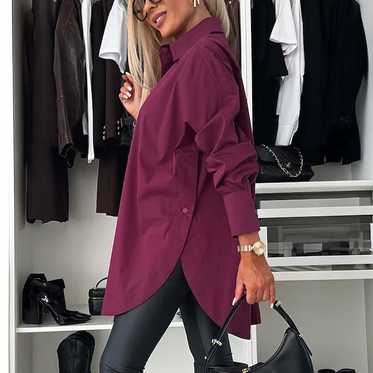 Solid-color Button-down Long-sleeve Versatile Chic Work Shirt - Image 3