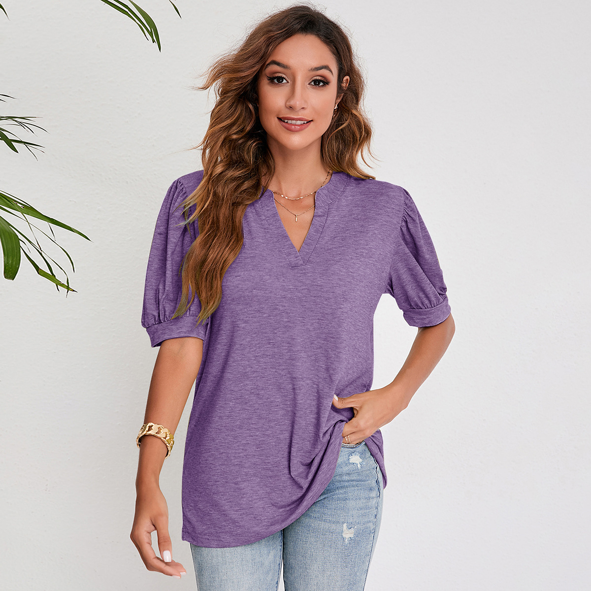 Women's Pleated Puff Sleeve Tops Summer V Neck T Shirts Casual Loose Blouses - Image 6