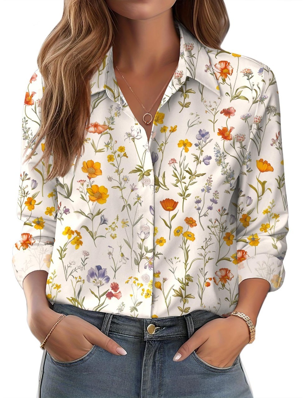 Womens 3D-printed Floral Loose-fit Blouse - Image 10