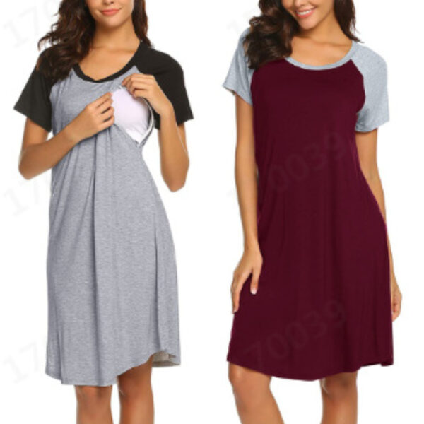 Maternity Clothes Round Neck Short Sleeve Nursing Opening Dress Pajamas