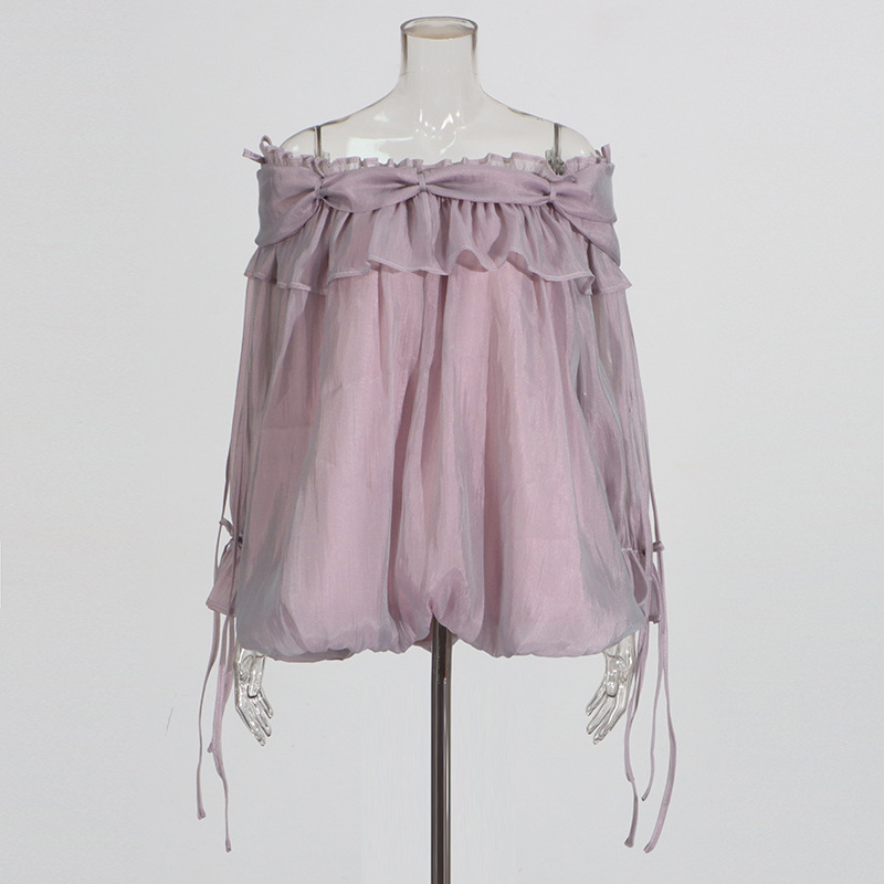 Retro Off-the-Shoulder Strap Bell-Sleeve Solid Color Chiffon Top - Image 4