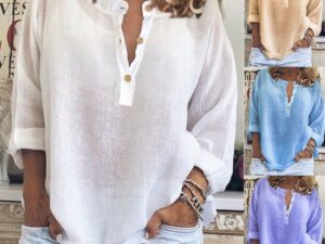 Solid Color Casual Loose Long Sleeve Linen Shirt