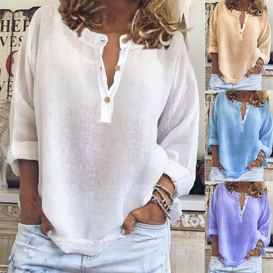 Solid Color Casual Loose Long Sleeve Linen Shirt