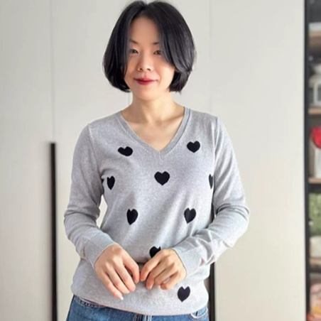Womens Modal V-Neck Long-Sleeve Heart-Shape Jacquard Pullover Knit Top