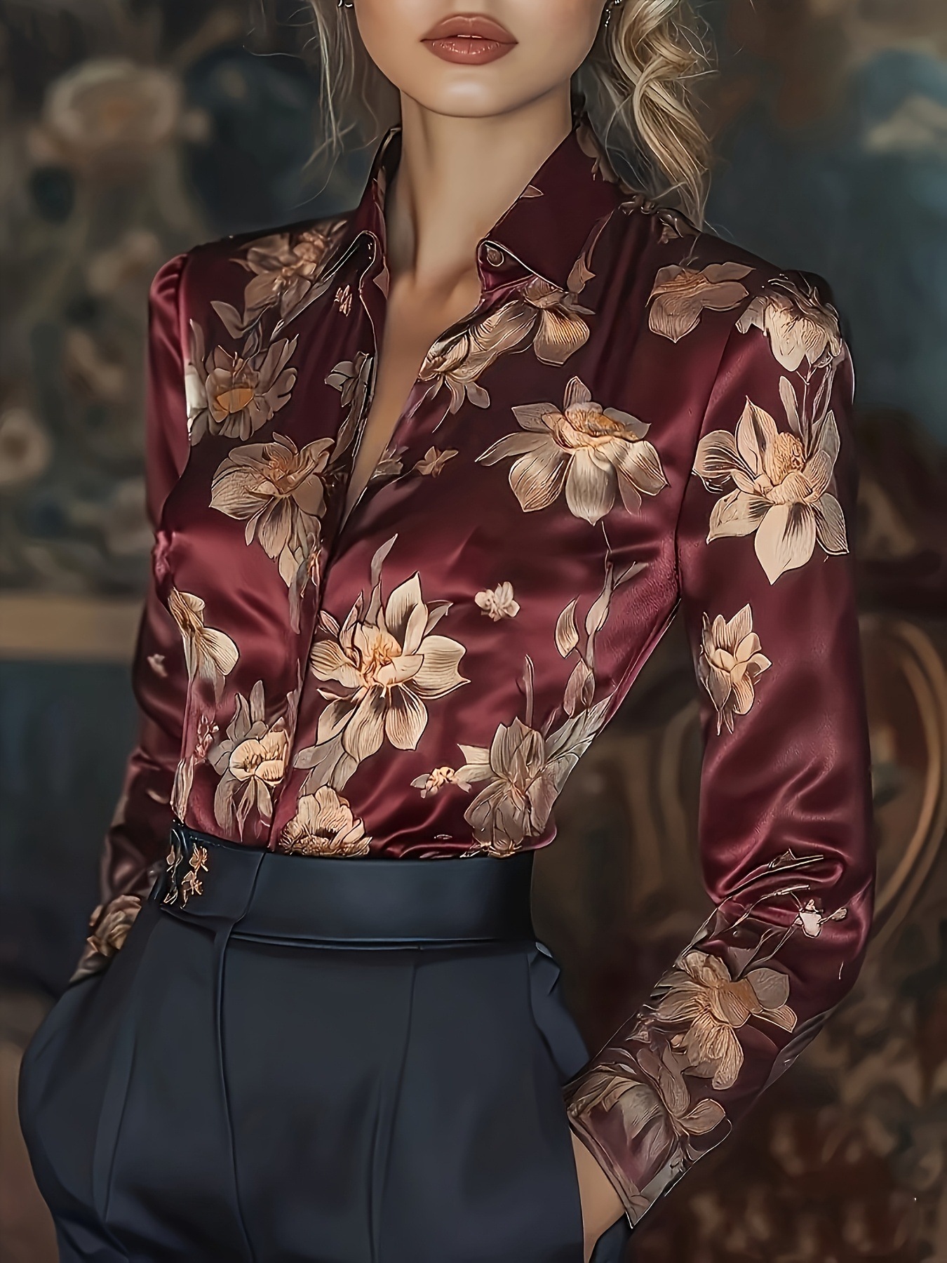 Womens Retro Printed Satin Long-Sleeve Shirt - Image 3