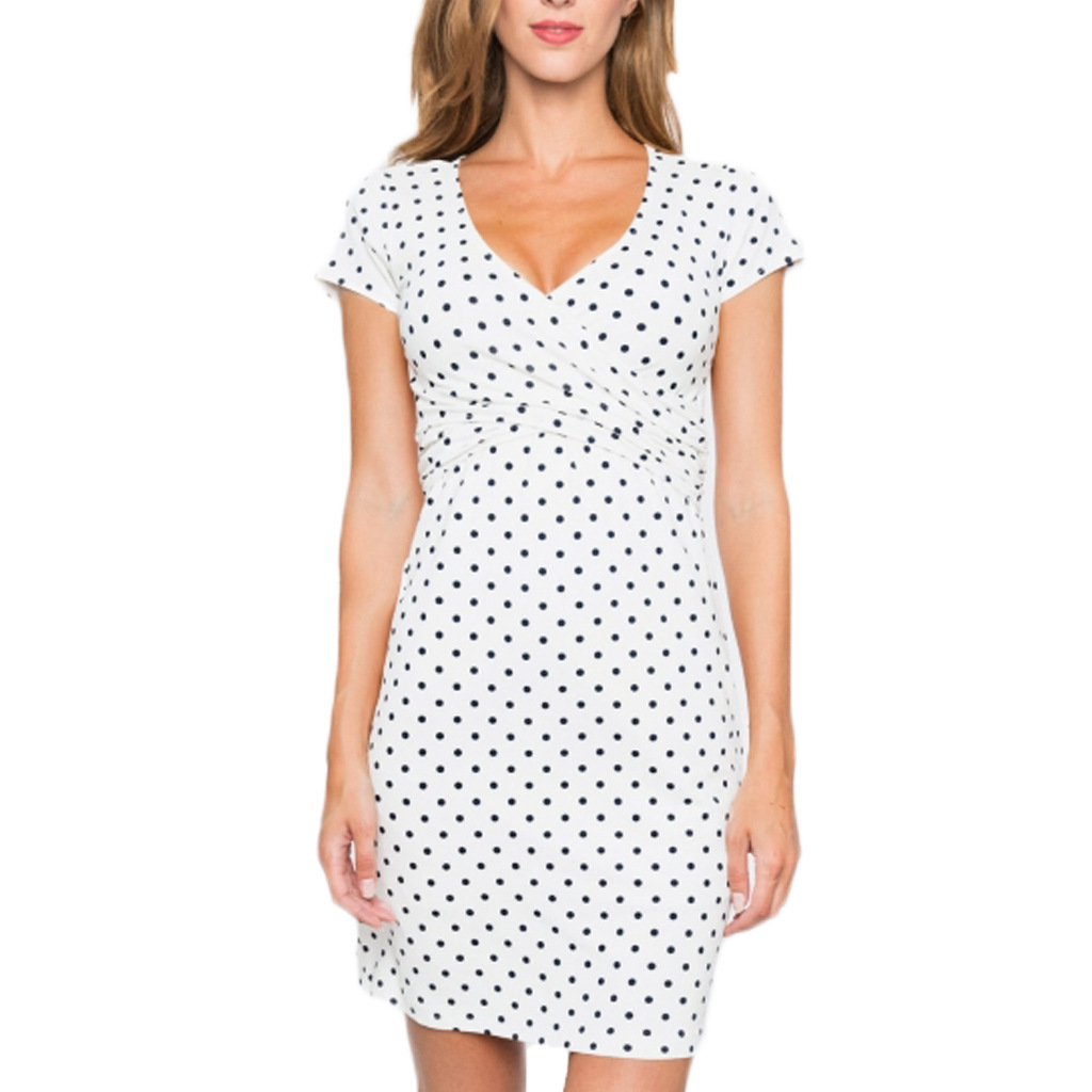 Nursing Clothes Polka Dot Print Short Sleeve V Neck Maternity Dress - Image 9