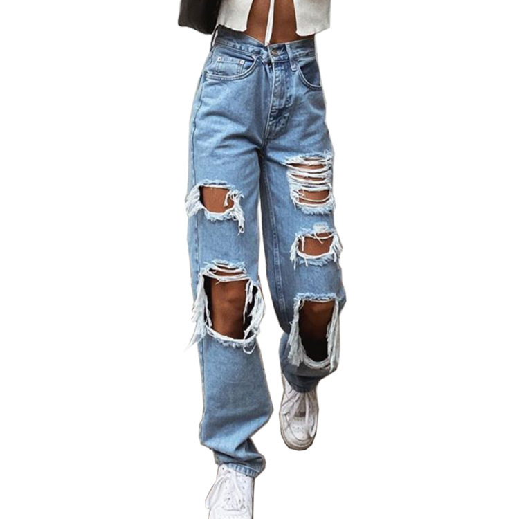 Women's American Retro Hole-punched Jeans Women High Waist Straight-crotch Loose Slim Design High-street Vibe Wide-legged Dragging Pants - Image 6