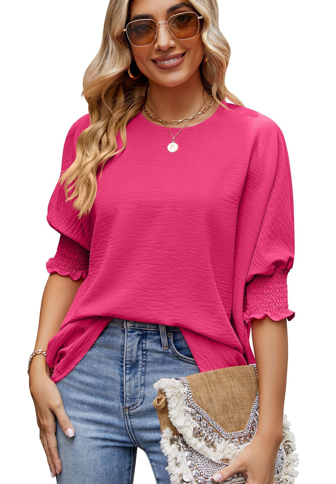 Women's Loose T-shirt With Elastic Sleeves Solid Color Outfit Fashion Tops Clothes - Image 7