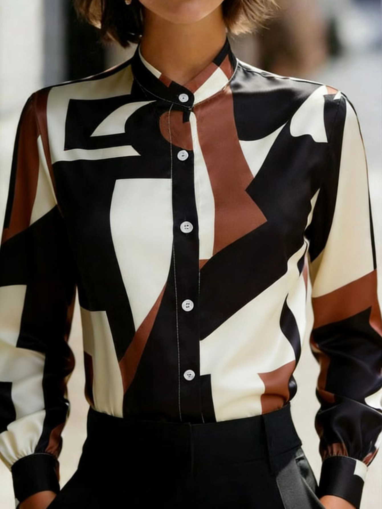 Bold Geometric Color-Block Printed Stand Collar Lantern Sleeve Shirt - Image 6