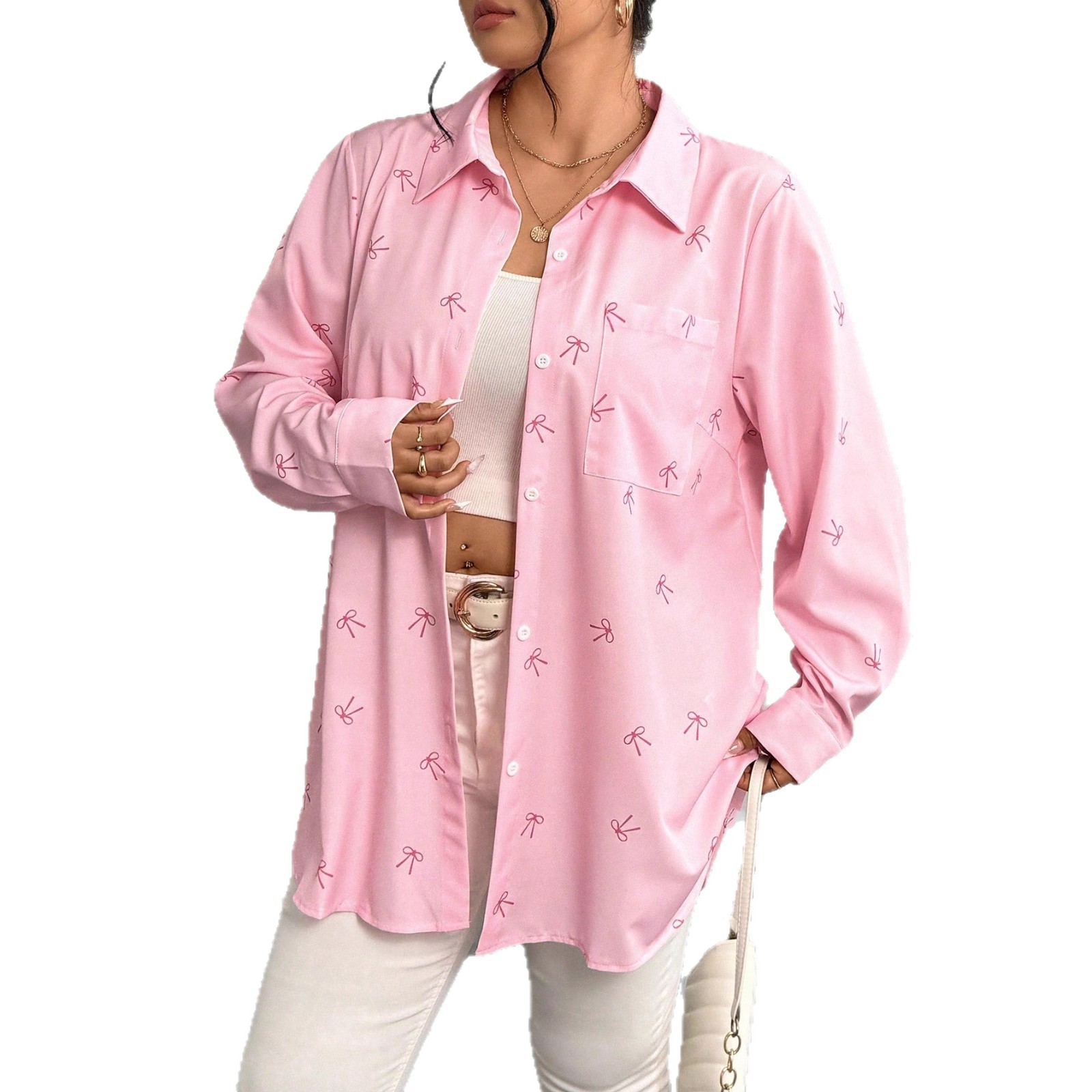 New Plus Size Womens Shirt Jacket With Bow Tie And Print Long Sleeve Top - Image 5