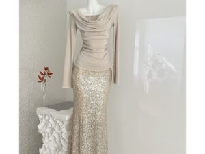 Women's Champagne Gold Sequin Two-Piece Evening Gown Set Ruched Top Mermaid Skirt Formal Party Dress