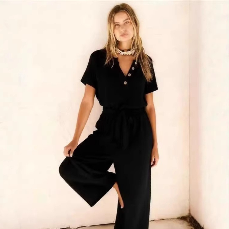 New Womens V-neck Buttoned Short-sleeve Wide-leg Pants With A Tie - Image 4