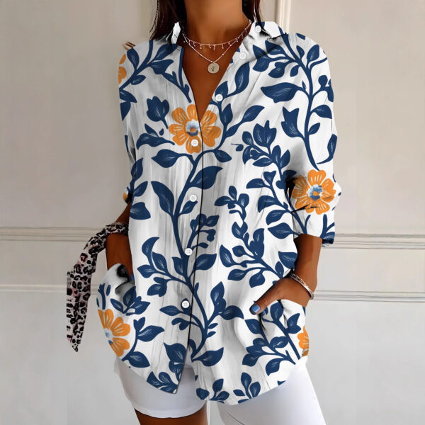 Womens Retro, Elegant Floral Print Long-Sleeve Shirt