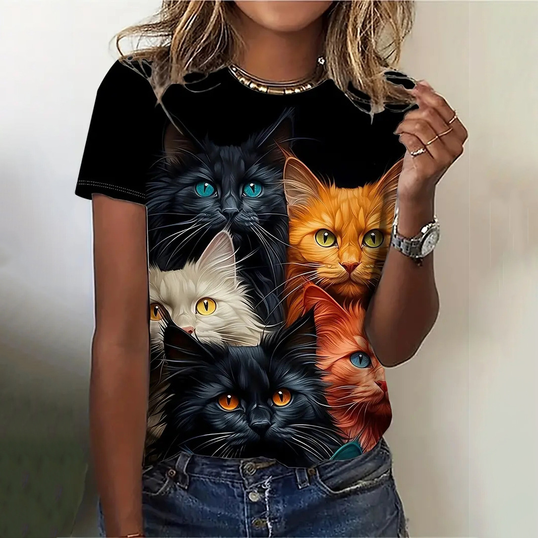 Digital-print Casual Short-sleeve Streetwear Womens Loose-fitting T-shirt - Image 8