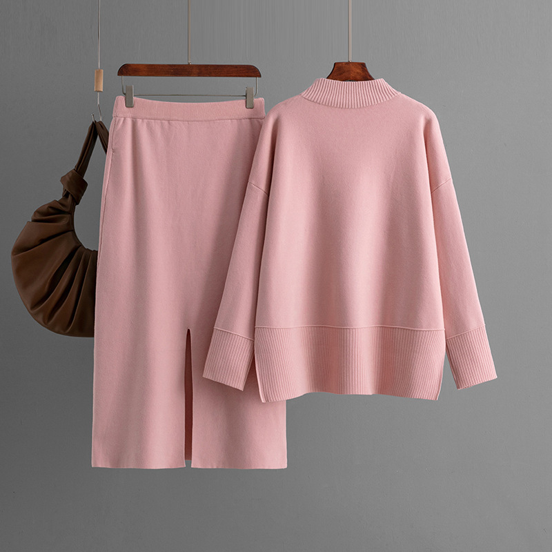New FallWinter Solid-Color Turtleneck Sweater And Slit Bodycon Skirt Two-Piece Set - Image 8