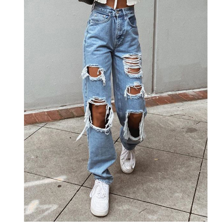 Women's American Retro Hole-punched Jeans Women High Waist Straight-crotch Loose Slim Design High-street Vibe Wide-legged Dragging Pants - Image 7