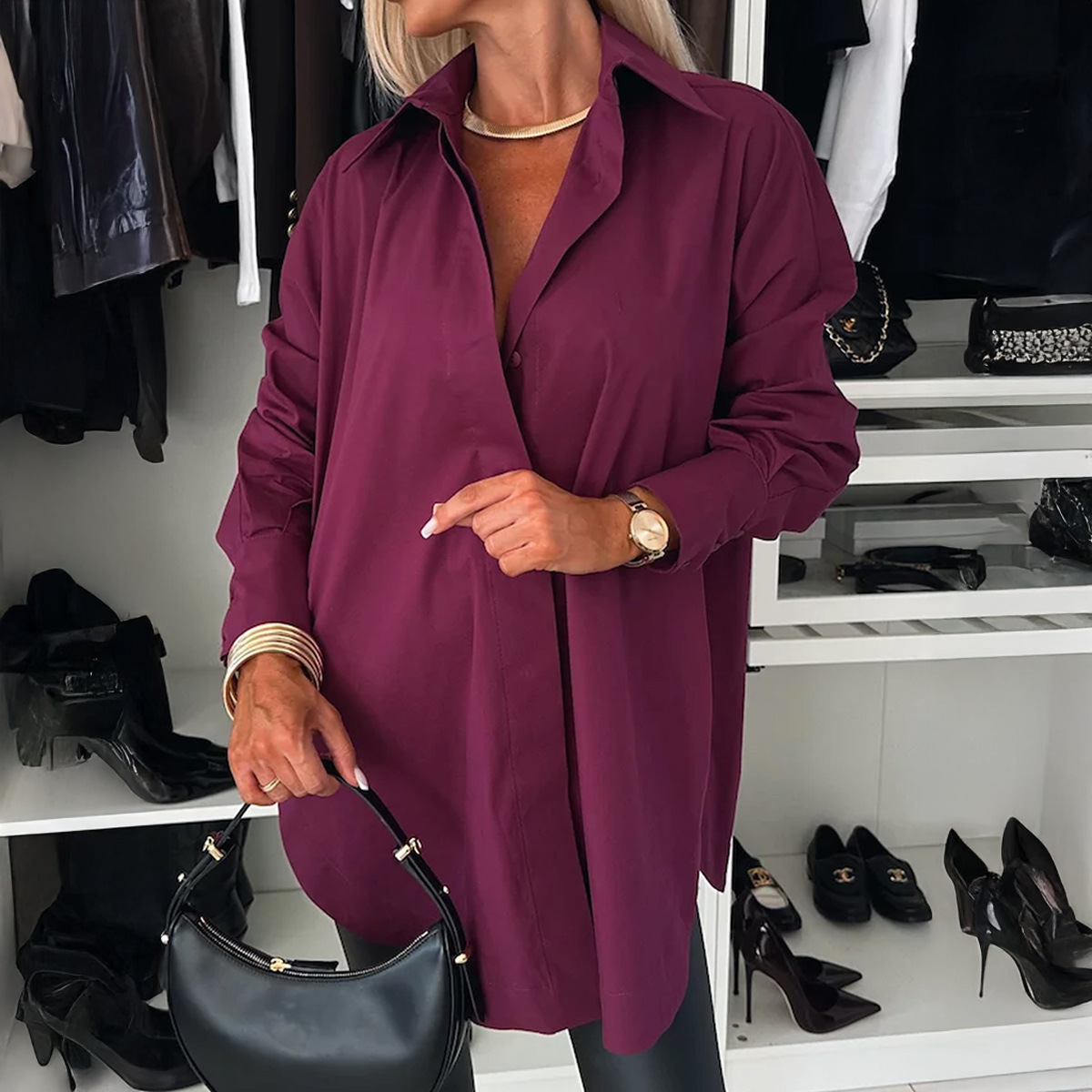 Solid-color Button-down Long-sleeve Versatile Chic Work Shirt - Image 2