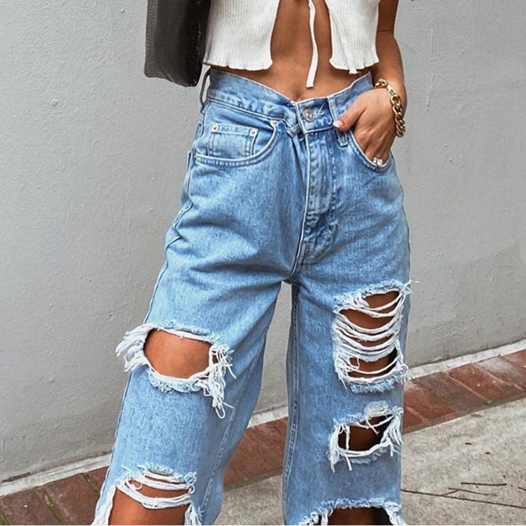 Women's American Retro Hole-punched Jeans Women High Waist Straight-crotch Loose Slim Design High-street Vibe Wide-legged Dragging Pants - Image 3