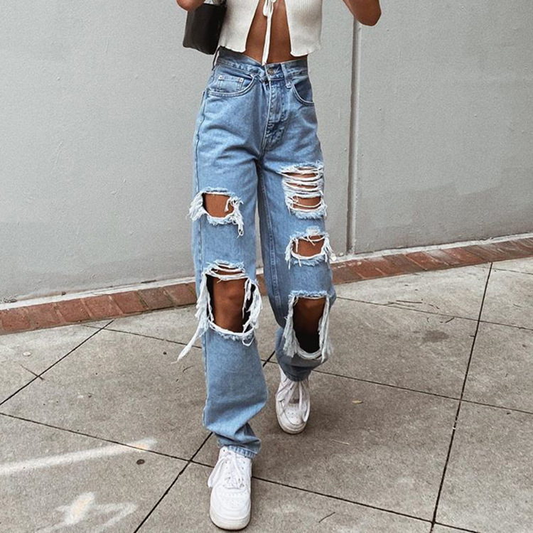 Women's American Retro Hole-punched Jeans Women High Waist Straight-crotch Loose Slim Design High-street Vibe Wide-legged Dragging Pants - Image 2