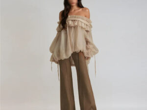 Retro Off-the-Shoulder Strap Bell-Sleeve Solid Color Chiffon Top