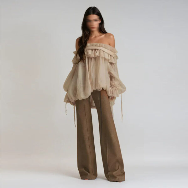 Retro Off-the-Shoulder Strap Bell-Sleeve Solid Color Chiffon Top