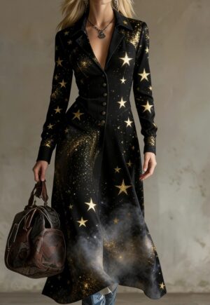 BABYNBEAUTY-Where Cuteness Meets Radiance for Your Little one - BabynBeauty 259 Women's Retro Gothic Style Black Dress With Gold Star Print, Lapel And Waist Fit