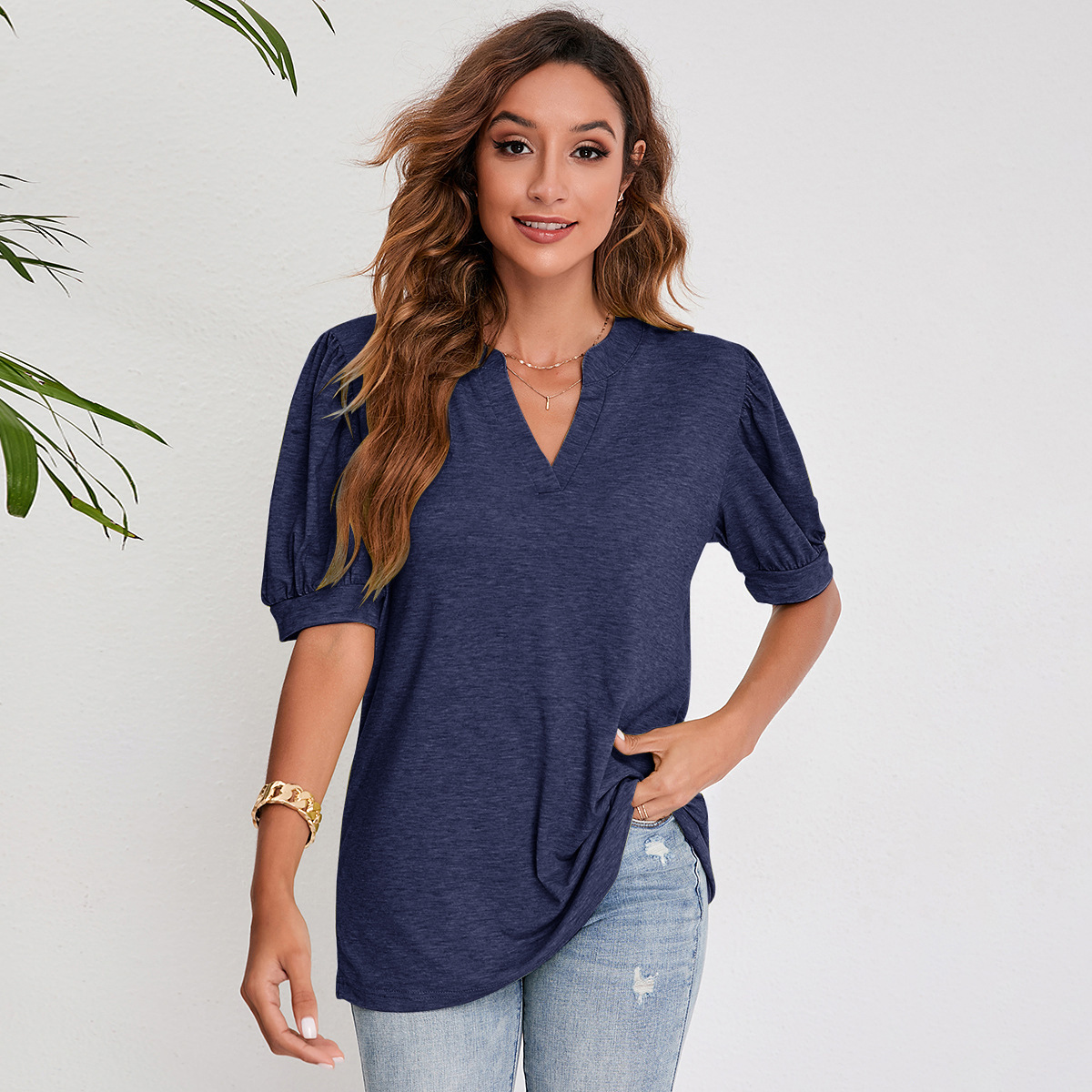 Women's Pleated Puff Sleeve Tops Summer V Neck T Shirts Casual Loose Blouses - Image 10