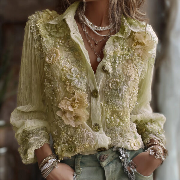 Simple Lapel Fashionable Drape Retro Long Sleeved Women's Blouse