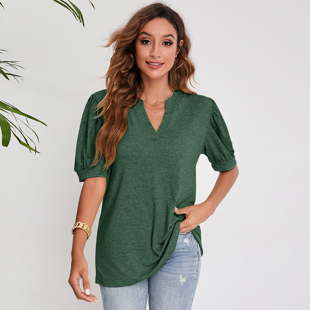Women's Pleated Puff Sleeve Tops Summer V Neck T Shirts Casual Loose Blouses - Image 9