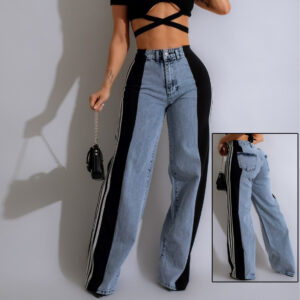 BABYNBEAUTY-Where Cuteness Meets Radiance for Your Little one - BabynBeauty 208 Fashion Casual High Waist Elastic Straight Leg Trousers Three Stripe Patchwork Denim Wide Leg Pants Streetwear