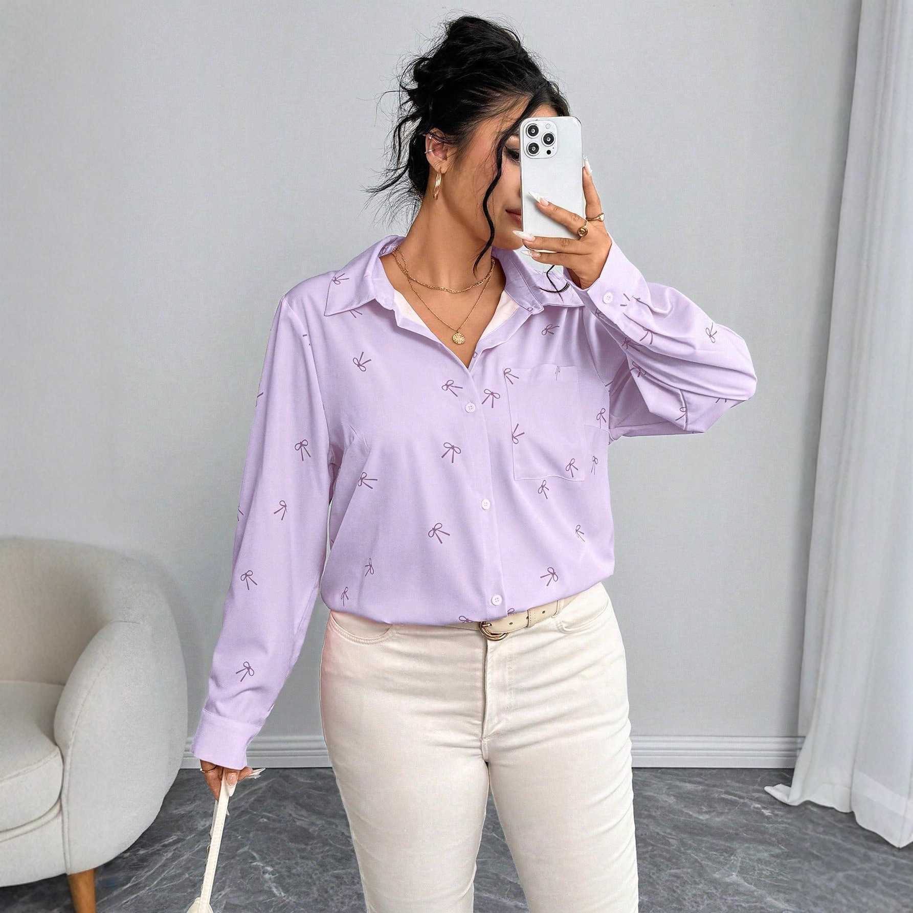 New Plus Size Womens Shirt Jacket With Bow Tie And Print Long Sleeve Top - Image 2