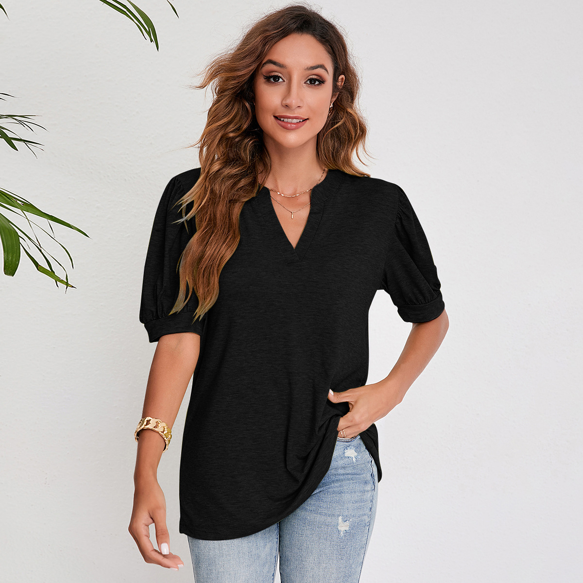 Women's Pleated Puff Sleeve Tops Summer V Neck T Shirts Casual Loose Blouses - Image 4