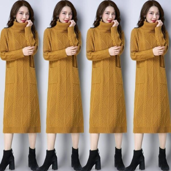 Womens High-neck Long Fleece-lined Extra-thick Loose-fitting Sweater