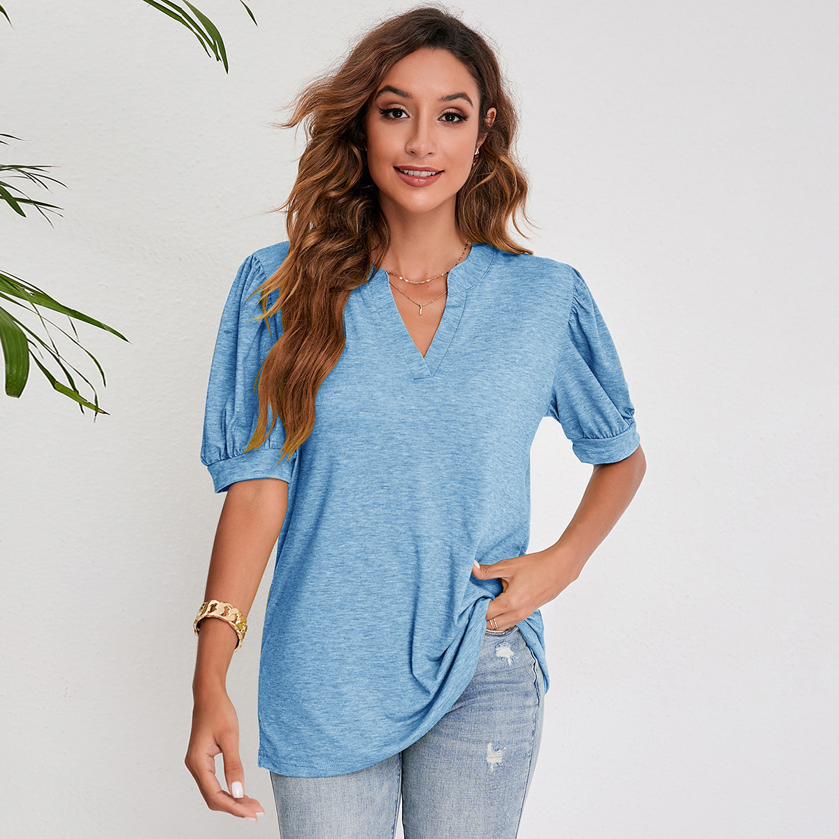 Women's Pleated Puff Sleeve Tops Summer V Neck T Shirts Casual Loose Blouses - Image 2