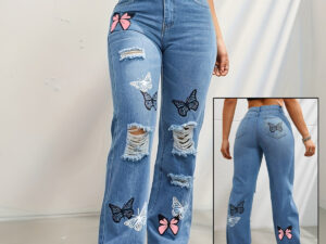 High Waisted Straight Leg Jeans For Women Trendy Butterfly Print Ripped Distressed Denim Pants