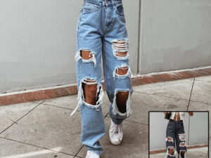 Women's American Retro Hole-punched Jeans Women High Waist Straight-crotch Loose Slim Design High-street Vibe Wide-legged Dragging Pants
