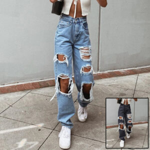 BABYNBEAUTY-Where Cuteness Meets Radiance for Your Little one - BabynBeauty 210 Women's American Retro Hole-punched Jeans Women High Waist Straight-crotch Loose Slim Design High-street Vibe Wide-legged Dragging Pants