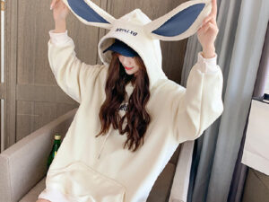 Sweet Cute Preppy Style Rabbit Ears Plus Velvet Thick Hoodies Women Long Sleeve Pullover Big Pocket Kawaii Sweatshirts for Girls