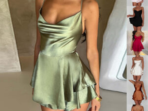 Sexy Suspender Skirt For Women Elegant Slim Strap Satin Backless Lace Up A-Line Short Dress Lady