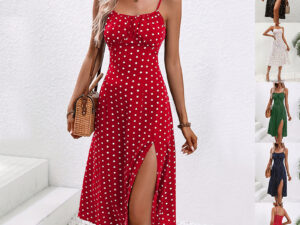 New Polka Dot Print Suspender Dress Summer Sexy Split Long Dresses For Womens Clothing