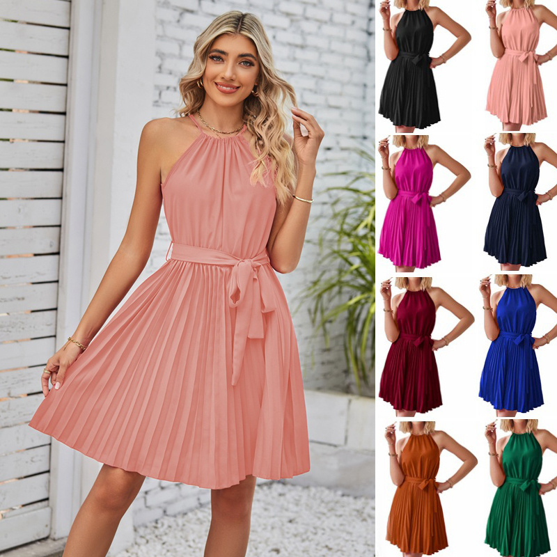 Halter Strapless Dresses For Women Solid Pleated Skirt Summer Beach Sundress - Image 10