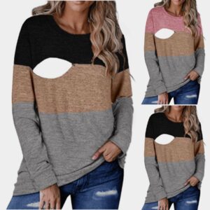 Long Sleeve Colorblock Crew Neck Nursing Top T-Shirt